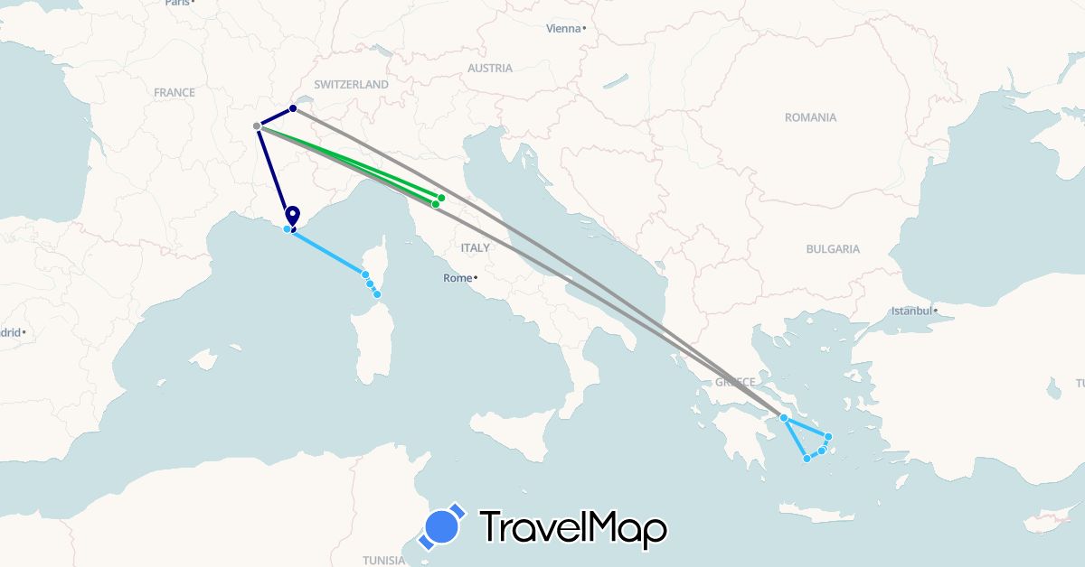TravelMap itinerary: driving, bus, plane, boat in Switzerland, France, Greece, Italy (Europe)